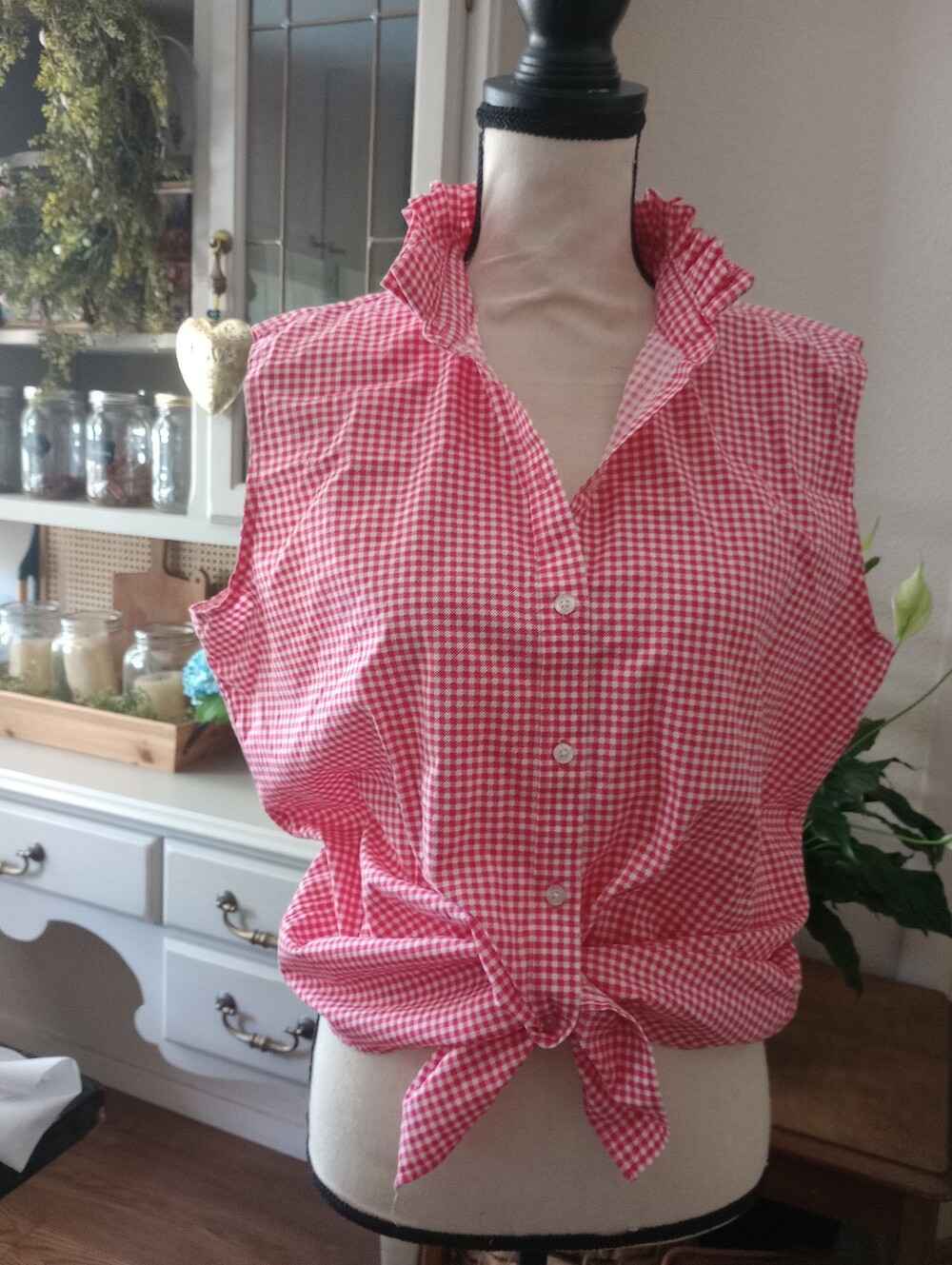 Kim Rogers Red Gingham Tie-Front Button Down Top